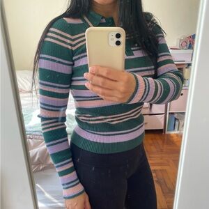 Forever 21 Striped Knit Polo Top Green Pink Ribbed Long Sleeve Size S